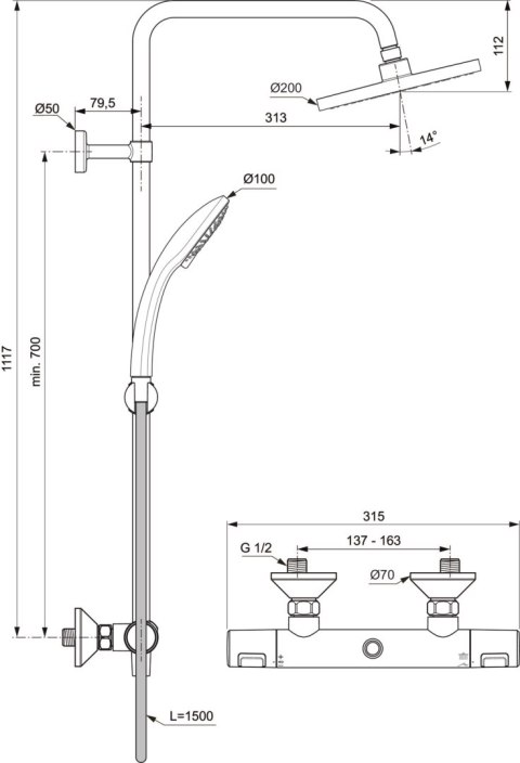 Ideal Standard Zestaw prysznicowy natynkowy TERMOSTAT Ideal Standard Zestaw prysznicowy natynkowy TERMOSTAT