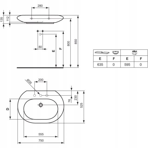 IDEAL STANDARD Umywalka nablatowa 75 cm T014001 IDEAL STANDARD Umywalka nablatowa 75 cm T014001
