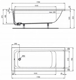 Wanna Ideal Standard Connect Air odpływ z boku 170 x 75 cm E106401