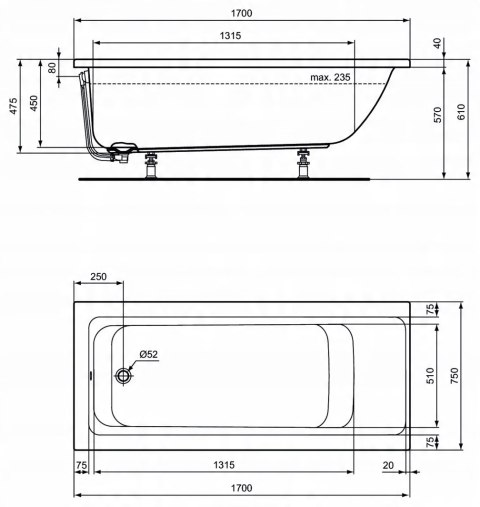 Wanna Ideal Standard Connect Air odpływ z boku 170 x 75 cm E106401 Wanna Ideal Standard Connect Air odpływ z boku 170 x 75 cm E106401